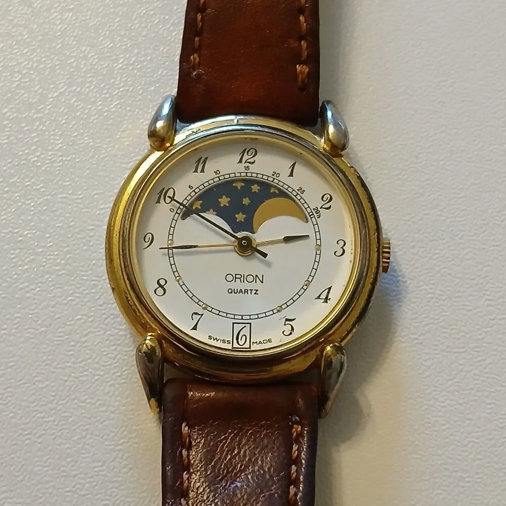 Parts/Repair Vintage 90s Orion Swiss Quartz Moon Phase Watch Leather Strap 26mm